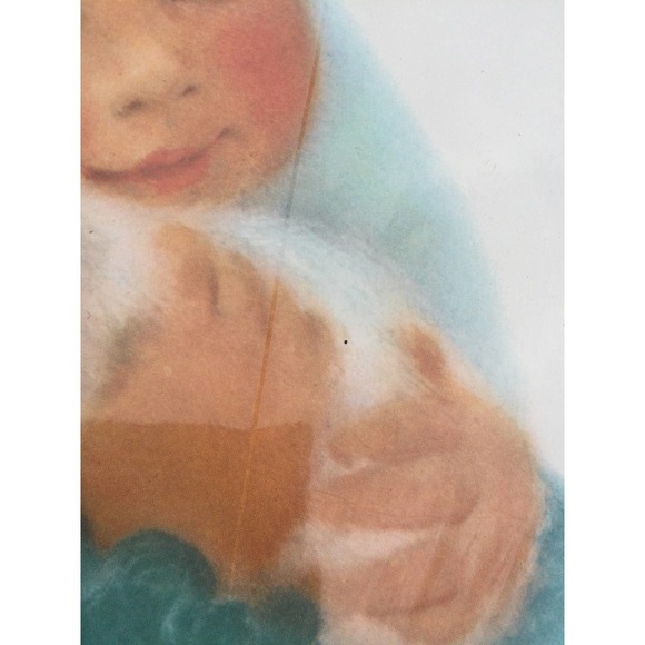 Vintage girl with white cat print brown hair hazel eyes 60s 14 x 11 MCM boho - Picture 5 of 8